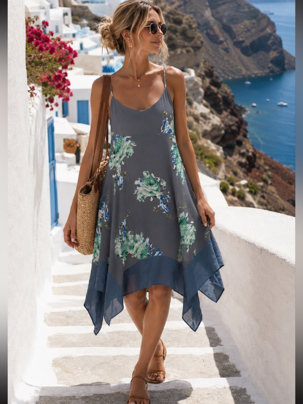Free People Gray Floral Handkerchief Hem Midi Dress XS Sleeveless Boho